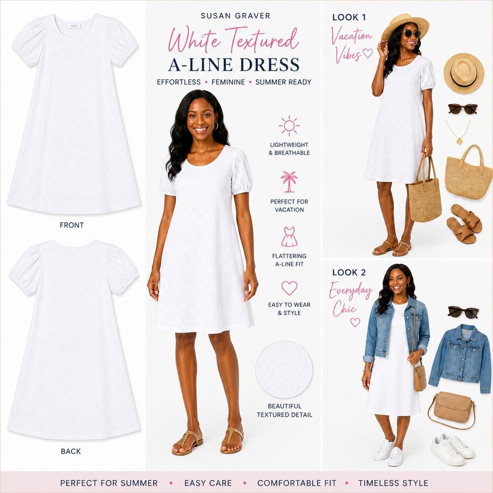 Susan Graver White Textured A-Line Dress Petite Medium Short Sleeve Summer Shift - Picture 3 of 6
